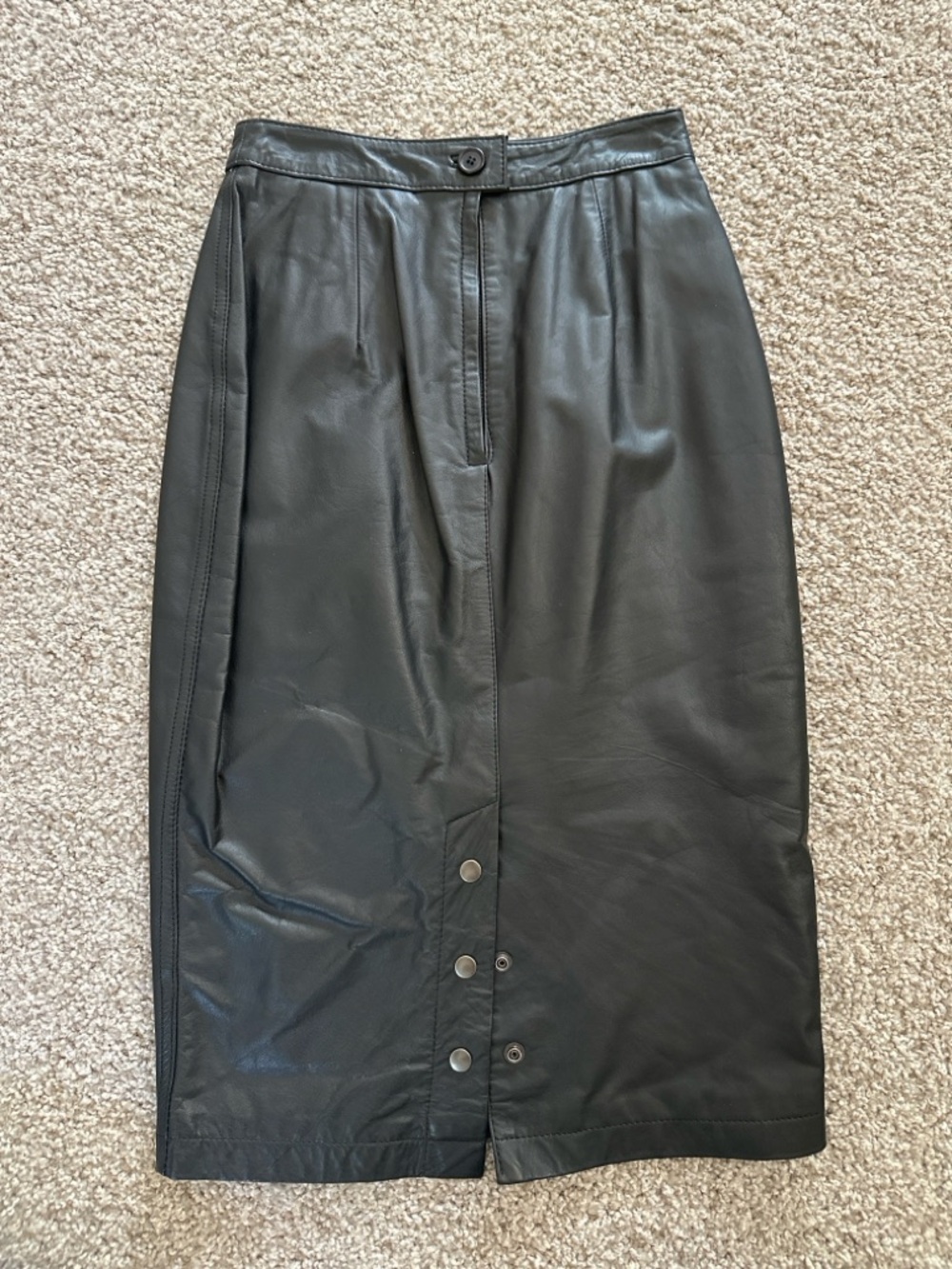 Vintage Berman’s Black Leather Midi Skirt High Waist Snap Front Size 4